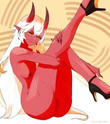 1girl akumi ass breasts demon_girl full_body hair_between_eyes high_heel_boots high_heels horns indie_virtual_youtuber large_breasts long_hair looking_at_viewer nail_polish pointy_ears red_skin sitting smile solo stiletto_heels very_long_hair vyugen white_hair yellow_eyes