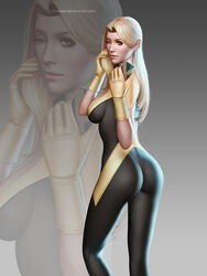 alison_crestmere ass audia_pahlevi backlighting blonde_hair bodysuit female female_only gradient_background homo_superior magma_(x-men) marvel marvel_comics moonarc mutant one_eye_closed pose selfie skin_tight smartphone solo superheroine x-men