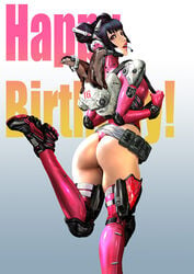 animal ass azazel1944 azazel_(artist) backpack belt bodysuit english_text female futuristic gradient_background hair_bun happy_birthday headset latex leotard looking_at_viewer otter pink_lipstick pouch shiny_clothes sneakers solo standing_on_one_leg thighhighs