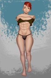 abs bare_legs bare_midriff bare_thighs barefoot belly_button black_panties black_shirt casual casual_clothes commission crotch eyebrow_slit feet female female_only green_eyes groin legs looking_to_the_side midriff muscular muscular_female navel nonchalant panties red_eyebrows red_hair redhead redhead_female scar scar_on_face single_earring solo solo_female tagme_(artist) tagme_(character) toes toned toned_body toned_female toned_stomach underboob undercut undressing undressing_self unknown_character