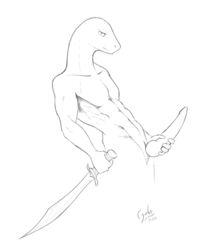 2019 animal_genitalia anthro big_penis digital_media_(artwork) free_art genital_slit hi_res jakethegoat knot looking_at_viewer male male_only masturbation melee_weapon muscular nude penis reptile scalie simple_background sketch slit snake sword weapon