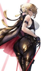 1girl absurdres arm_strap ass black_pants blonde_hair breasts chest_harness commentary elbow_gloves evelyn_chevalier gloves hair_up hairband half_gloves harness high-waist_pants highres huge_ass latex latex_pants long_ribbon necktie pants ring_hair_ornament single_elbow_glove single_half_glove solo thigh_beads tight_clothes tight_pants uneven_bangs white_hairband yellow_necktie zenless_zone_zero