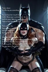 1boy1girl age_difference ai_generated barbara_gordon batgirl batgirl_(barbara_gordon) batman batman_(bruce_wayne) batman_(series) bruce_wayne cape dc_comics gloves half_naked male/female masked_female masked_male older_male superhero warner_brothers younger_female