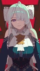 1other animated ascot blue_dress blue_sleeves breasts commentary_request detached_sleeves dress eous_(zenless_zone_zero) grey_hair guest_art hair_over_one_eye highres large_breasts looking_at_viewer mole mole_under_mouth pointy_ears pov purple_eyes smile solo spoken_character tagme upper_body velina_airgid video yellow_ascot zenless_zone_zero