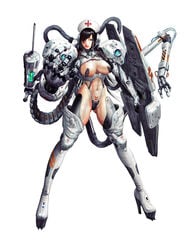 azazel breasts cybernetics female full_body hat huge_breasts mechanical_arm nurse_cap sci-fi science_fiction solo standing