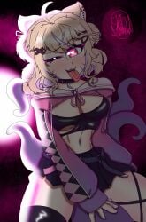1girl animal_ears black_skirt blonde_hair breasts cat_ears cat_tail cleavage crop_top hair_ornament heart heart-shaped_pupils indie_virtual_youtuber looking_at_viewer medium_breasts midriff navel pink_eyes skirt solo squchan_(vtuber) tail thighhighs tongue tongue_out vyugen