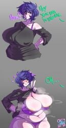 1girls areola_slip areolae blue_eyes blue_hair bra cleavage english_text flashing huge_breasts long_sleeves looking_at_another meme navel off_shoulder okioppai original_character panties short_hair smirk solo solo_female thick_thighs wide_hips