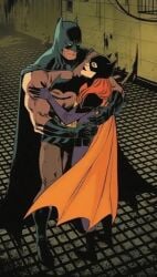 1boy1girl age_difference ai_generated barbara_gordon batgirl batgirl_(barbara_gordon) batman batman_(bruce_wayne) batman_(series) bruce_wayne cape dc_comics embrace fully_clothed gloves kissing male/female masked_female masked_male older_male superhero warner_brothers younger_female