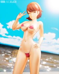 1girl 2026 3d 3d_(artwork) 5_fingers atlus beach bikini breasts brown_eyes brown_hair clouds micro_bikini mini_bikini outside panties partially_clothed persona_3 persona_3_fes persona_3_reload pose rynxler sea sky smile summer watermark wink winking_at_viewer yukari_takeba