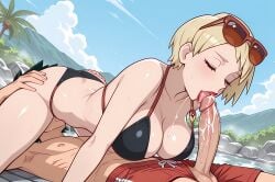 1boy 1girls 69 69_position ai_generated bikini black_bikini black_hair blonde_hair cleavage cum cunnilingus day fellatio hot_spring large_breasts licking_penis lipstick outdoors penis pokemon pokemon_(anime) pokemon_sm red_swimming_trunks satoshi_(pokemon) sex sunglasses sunglasses_on_head swimmer_(pokemon) swimmer_(pokemon_sm) swimming_trunks swimsuit