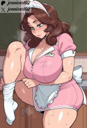 1girl adjusting_clothes ai_generated apron artist_name blush breasts brown_hair cleavage closed_mouth clothing curvy dress english_text female green_eyes headwear huge_breasts indoors jennieart02 large_breasts leg_up lips long_hair looking_down maid_headdress mature_female name_tag nurse patreon patreon_logo patreon_username pink_dress pink_lips plump short_dress short_sleeves sock_pull socks solo standing steaming_body sweat thick_thighs thighs twitter twitter_username underwear waitress watermark web_address white_socks
