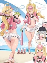 1boy 1girl absurdres ahoge ass beach bikini blonde_hair blue_sky blush cloud day english_text highres holding holding_weapon jacket long_hair luciana_de_montefio lucy's_crew_(zenless_zone_zero) ocean official_alternate_costume outdoors over_shoulder pink_jacket pink_visor_cap red_eyes sand side_ponytail skirt sky swimsuit water weapon weapon_over_shoulder white_bikini white_skirt wise_(peaceful_waves)_(zenless_zone_zero) wise_(zenless_zone_zero) zenless_zone_zero