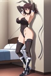 1girl ai_generated animal_ears armpits arms_behind_head arms_up bare_shoulders bed black_footwear black_gloves black_leotard black_thighhighs blush boots breasts brown_hair choker cleavage closed_mouth covered_navel digitalwaifugallery elbow_gloves fake_animal_ears full_body gloves hair_between_eyes hair_ribbon hi_res high_heels high_quality high_resolution highleg highleg_leotard huge_breasts impossible_clothes impossible_leotard indoors large_breasts leotard looking_at_viewer mature_female medium_hair mizuki_shiranui patreon pillow playboy_bunny rabbit_ears red_eyes ribbon seductive sexy shadow smile solo standing strapless_leotard thighhighs thighs uncensored watermark