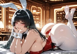 1girl ai_assisted ai_generated animal_ears ass astra_yao bangs bare_shoulders black_hair blush bow bowtie breasts bunny_ears bunny_girl bunny_tail bunnysuit cleavage curvaceous curvy curvy_female curvy_figure detached_collar earrings eyebrows_visible_through_hair fake_animal_ears fake_tail feet female hairband hand_on_own_cheek highleg indoors large_breasts leotard long_hair looking_at_viewer lying miyuai on_stomach pantyhose parted_lips red_eyes red_leotard smile solo strapless_leotard tail thick thick_ass thick_butt thick_hips thick_legs thick_thighs voluptuous voluptuous_female white_legwear wide_hips wide_thighs wrist_cuffs zenless_zone_zero