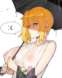 blonde_hair breasts high_resolution huge_breasts nipples_visible_through_clothing ppapmang sad_face see-through short_hair smiley umbrella wet wet_clothes white_background