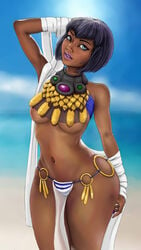 1girls blue_hair bob_cut breasts cosplay dark-skinned_female dark_skin egyptian eliza_(skullgirls) female hips lipstick looking_at_viewer menace navel panties queen's_blade skullgirls solo