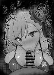 1boy 1girls :>= bangs bar_censor bikini black_and_white blush breasts bun_cover censored dark-skinned_male dark_skin detailed_background eyebrows_visible_through_hair fate/grand_order fate_(series) fellatio female female_focus greyscale hair_bun heart indoors japanese_text kurotama large_breasts looking_at_viewer male miyamoto_musashi_(fate) miyamoto_musashi_(swimsuit_berserker) monochrome oral penis pov pov_male sketch solo_focus sound_effects squatting straight swimsuit text tongue tongue_out