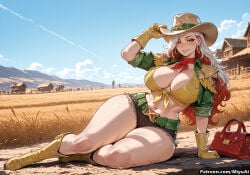 1girl ai_assisted ai_generated artist_name bag beach belt boots breasts cleavage curvaceous curvy curvy_female curvy_figure day earrings female front-tie_top gloves green_eyes green_jacket hat huge_breasts jewelry long_hair looking_at_viewer lying marvel marvel_rivals midriff miyuai mountain navel outdoors rogue_(marvel_rivals) shirt short_shorts shorts sky smile solo thick thick_ass thick_butt thick_hips thick_legs thick_thighs thighs tied_shirt voluptuous voluptuous_female wide_hips wide_thighs
