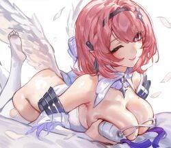 absurdres ass bare_shoulders black_hairband black_ribbon blush breasts cleavage closed_mouth commentary dress ear_piercing feathered_wings foolish_potato hair_ribbon hairband highres large_breasts looking_at_viewer lying medium_hair mole mole_on_breast on_stomach one_eye_closed piercing pink_eyes pink_hair pink_lips pointy_ears remielle_dan ribbon simple_background smile solo tassel thighhighs thighs torn_clothes torn_thighhighs white_background white_dress white_thighhighs white_wings wings zenless_zone_zero