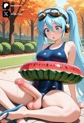 1futa 1girl :o ai_generated aqua_hair arm_support bare_shoulders big_breasts blue_eyes blue_hair blue_one-piece_swimsuit blush breasts cock collarbone colored day dick erection feet food from_front front_view fruit futa_only futanari futanari/female futanarization goggles goggles_on_head hair_between_eyes hatsune_miku headphones huge_penis large_breasts large_penis large_testicles light_skin light_skinned_futanari long_hair looking_at_penis looking_down looking_down_at_viewer medium_breasts nickythecreator one-piece_swimsuit open_mouth outdoors penis penis_awe precum sandals school_swimsuit sexy sexy_body sexy_pose sitting solo swimsuit testicles tits toes tree twintails uncensored veins veiny_penis very_long_hair vocaloid watermelon