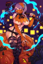 areolae black_cape blue_eyes bow bowtie breasts cape curvaceous female female garter_straps glowing glowing_eyes halloween huge_breasts jack-o'-lantern lantern lingerie long_hair nail_polish original ponytail pumpkin pumpkin_hat purple_background purple_eyes purple_hair purple_nails sitting skeleton skull staff striped striped_legwear suspenders thick_thighs thighhighs thighs tied_hair torn_clothes torn_legwear torn_thighhighs underboob wei_(kaminari0411) wide_hips