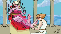 afrodita_(destripando_la_historia) aphrodite blonde_hair blush clothing destripando_la_historia feet feet_fetish feet_up girls_only helen_of_troy helena_(destripando_la_historia) laugh laughing long_hair orange_hair pink_dress pink_skin revenge short_hair tears tickle_fetish tickling tickling_feet toga white_dress white_toga yuri