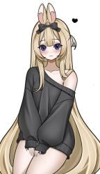 1girl bangs bare_shoulders black_bow blonde_hair blue_eyes blush bow collarbone cowboy_shot eyebrows_visible_through_hair hair_bow heart indie_virtual_youtuber long_hair long_sleeves looking_at_viewer off_shoulder sleeves_past_wrists solo sweater very_long_hair vyugen white_background yenko
