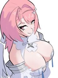 1girl breasts commentary downblouse dress from_above hair_intakes highres large_breasts looking_at_viewer medium_hair multicolored_eyes pink_hair remielle_dan simple_background smile solo two-tone_eyes white_background white_dress white_wings wings zenless_zone_zero