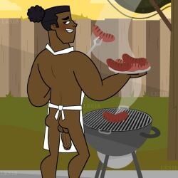 apron apron_only backyard bbq bbq_grill blushing dark-skinned_male disventure_camp hair_bun looking_at_viewer male_only muscular_male sausage tagme tagme_(artist) will_(disventure_camp)