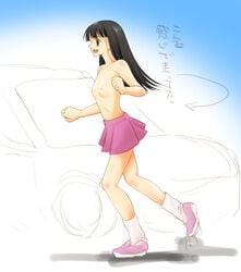 akosan brown_hair car japanese_text long_hair original running shoes sketch socks topless