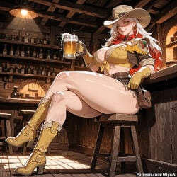 1girl ai_assisted ai_generated alcohol artist_name bar barrel beer beer_mug belt bookshelf boots breasts brown_footwear cleavage cowboy_boots cowboy_hat crossed_legs cup curvaceous curvy curvy_female curvy_figure earrings female fringe_trim full_body gloves green_eyes hat high_heel_boots high_heels holding holding_cup indoors jewelry large_breasts lips long_hair looking_at_viewer marvel marvel_rivals miyuai mug neckerchief rogue_(marvel_rivals) shorts sitting smile solo stool thick thick_ass thick_butt thick_hips thick_legs thick_thighs thighs underboob voluptuous voluptuous_female western wide_hips wide_thighs