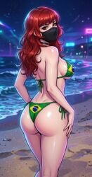 ai_generated ass back_view beach bikini bimbo boobs brazilian brown_eyes curvy girl latina model night red_hair solo walking woman