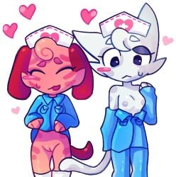 2girls anthro blush boobs boobs_out confused hearts_around_head kottiechii lifting_shirt nurse_hat nurse_uniform pussy_peek roblox roblox_game self_upload shirt_down showing_breasts showing_pussy tagme worried_expression