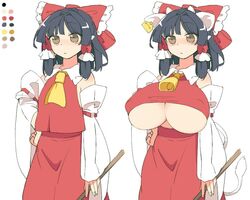 animal_ears ascot bell black_hair bow breast_expansion breasts brown_eyes chiyoshi_(sevendw) comparison cow_ears cow_girl cow_tail cowbell detached_sleeves erect_nipples expressionless female flat_chest hair_tubes hairbow hand_on_hip horns huge_breasts long_skirt red_shirt red_skirt reimu_hakurei ribbon-trimmed_sleeves ribbon_trim shirt short_hair skirt sleeveless sleeveless_shirt solo tail toriga_naku touhou underboob