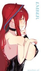 arknights arknights:_endfield artist_name blue_highlights blush breasts_spilling_out choker earrings embarrassed embarrassed_female ember_(arknights:_endfield) long_hair looking_at_viewer red_hair simple_background white_background yellow_eyes