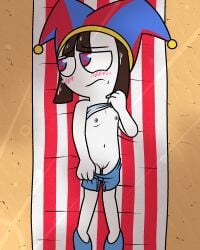 1girls beach beach_towel blush breasts female female_only glitch_productions hi_res jester jester_girl pokefound pomni_(the_amazing_digital_circus) pussy solo the_amazing_digital_circus towel