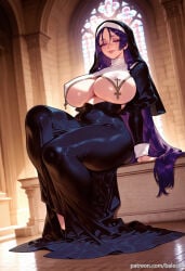 1girl ai_generated balecxi breast_curtains church covered_nipples curvy dress fate/grand_order fate_(series) habit huge_breasts indoors long_hair long_sleeves looking_at_viewer minamoto_no_raikou_(fate) minamoto_no_raikou_(fate/grand_order) nun parted_bangs patreon_username purple_eyes purple_hair sitting smile solo thick_thighs underboob wide_hips