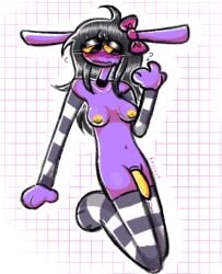 arm_warmers blush bow breasts collar digital_media_(artwork) ears_down eyelashes female female_jax hair hi_res jax_(the_amazing_digital_circus) kxylxzt long_hair mostly_nude nervous on_knees penis purple_body rabbit shy skinny slim_waist small_breasts solo solo_female sweat the_amazing_digital_circus thighhighs trans_woman transfem yellow_eyes yellow_nipples yellow_penis