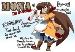 1girls apron bag black_eyes blood blood_on_knife blood_on_weapon boots breasts brown_footwear brown_hair character_age character_name character_profile character_sheet cleavage cleaver clothing coolerinker dress english_language english_text female frilled_dress frills full_body hair_ribbon holding holding_bag holding_knife huge_breasts inker_comics inkershike knife large_breasts long_hair looking_at_viewer maid maid_headdress mona_(inker_comics) open_mouth orange_dress pants ponytail puffy_short_sleeves puffy_sleeves red_ribbon ribbon short_sleeves smile solo teeth text upper_teeth_only v very_long_hair waist_apron white_apron yandere yellow_dress