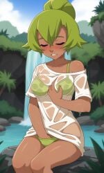 ai_generated amalia amalia_sheran_sharm bikini dark-skinned_female female fingering green_hair masturbating masturbation princess_amalia_sheran_sharm see-through wakfu wet_shirt