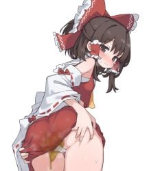 1girl aku0 bare_shoulders blush bow brown_eyes brown_hair censored closed_mouth clothes_lift commentary cowboy_shot defecating_self detached_sleeves diarrhea frilled_bow frilled_hair_tubes frills from_behind grabbing_own_ass hair_bow hair_tubes hakurei_reimu highres lifting_own_clothes long_sleeves looking_at_viewer mosaic_censoring panties red_bow red_shirt red_skirt ribbon-trimmed_sleeves ribbon_trim scat shirt short_hair sidelocks simple_background skirt skirt_lift skirt_set sleeveless sleeveless_shirt solo sweat tearing_up touhou underwear untranslatable_commentary white_background white_panties white_sleeves wide_sleeves