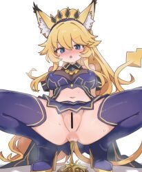1girl aku0 animal_ear_fluff animal_ears anus bar_censor bare_shoulders black_hairband blonde_hair blue_boots blue_eyes blue_shirt blue_skirt boots breasts censored collared_shirt commentary commission diarrhea double-parted_bangs full_body hair_between_eyes hairband high_heel_boots high_heels highres long_hair medium_breasts navel no_panties open_mouth perineum pixiv_commission pussy rararin_(show_by_rock!!) scat shirt show_by_rock!! simple_background skirt solo squatting tail thigh_boots untranslatable_commentary v-shaped_eyebrows white_background
