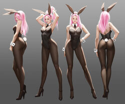 4girls animal_ears armpits arms_up ass black_legwear black_neckwear breasts bunny_ears bunny_tail bunnysuit female full_body gradient gradient_background hair_tie hair_tie_in_mouth hand_on_hip high_heels leotard long_hair medium_breasts mouth_hold multiple_girls multiple_views necktie orange_eyes original pantyhose pink_hair shoes simple_background smile strapless_leotard taekwon_kim tail tied_hair tight