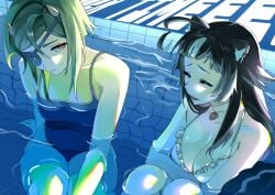 2girls ahoge animal_ears bikini black_hair blonde_hair breasts cleavage closed_eyes crossed_arms indie_virtual_youtuber long_hair momotexx_(vtuber) multiple_girls one-piece_swimsuit pool swimsuit vyugen