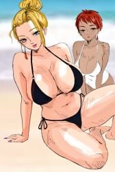 2girls beach big_breasts bikini blonde_hair blue_eyes huge_breasts king_of_fighters long_hair mature_(kof) outdoors panties red_eyes red_hair short_hair swimsuit tan thick tucon_b vice_(kof)