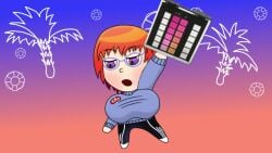 alolanfirestone animated ar_tonelico_iii big_breasts boxers bra chibi clara_firestone_(alolanfirestone) glasses gradient_background holding_breast holding_breasts huge_breasts large_breasts meme meme_reference orange_hair purple_eyes shorts smirk sports_bra sweatpants sweatshirt t-shirt tagme video