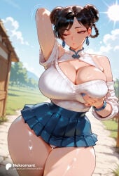 1girl 1girls absurd_res absurdres ai_generated arm_behind_head arm_up armpits ass bare_shoulders big_ass big_breasts black_hair blue_nails blue_skirt blue_sky bracelet braid breasts brown_eyes brown_hair chun-li chun-li_(street_fighter_6) cleavage cleavage_cutout clothing_cutout cloud curvy day detached_sleeves double_bun earrings female female_focus grabbing_own_breast hair_bun hi_res high_quality high_resolution highres huge_breasts jewelry large_ass large_breasts miniskirt nail_polish nekromant one_eye_closed outdoors panties pantyshot pleated_skirt puckered_lips shiny_skin shirt short_hair skirt sky solo solo_focus straight street_fighter street_fighter_6 street_fighter_alpha street_fighter_iii street_fighter_iv street_fighter_v sweat sweater thick_thighs thighs underwear white_panties wide_hips