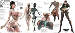 absurd_res character_sheet commentary cyberpunk english_text evan_lee gun huge_breasts internal large_filesize latex looking_at_viewer mechanical multiple_views nude original pose robot see-through skeleton