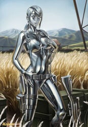 afghanistan alternate_costume audia_pahlevi belt bikini bodypaint cleavage field large_breasts looking_at_viewer metal_breasts metal_gear_solid metal_gear_solid_v metal_hair metal_skin metallic_body moonarc outdoors ponytail pose posing quiet_(metal_gear) shiny shiny_skin silver_skin sniper sniper_rifle standing