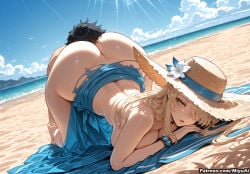 1boy 1girl ai_assisted ai_generated ass bangs bare_shoulders beach blonde_hair bracelet breasts collarbone curvaceous curvy curvy_female curvy_figure cynthia_(pokemon) day female hair_over_one_eye hat hat_flower jewelry large_breasts lips long_hair looking_at_viewer miyuai nipples ocean open_mouth outdoors parted_lips pokemon sand sandals shiny_skin sidelocks smile sun_hat sunlight thick thick_ass thick_butt thick_hips thick_legs thick_thighs thighs topless umbrella voluptuous voluptuous_female wide_hips wide_thighs